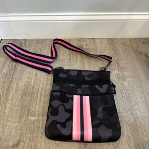 Neoprene Camouflage Crossbody Bag with Pink & Navy Stripes